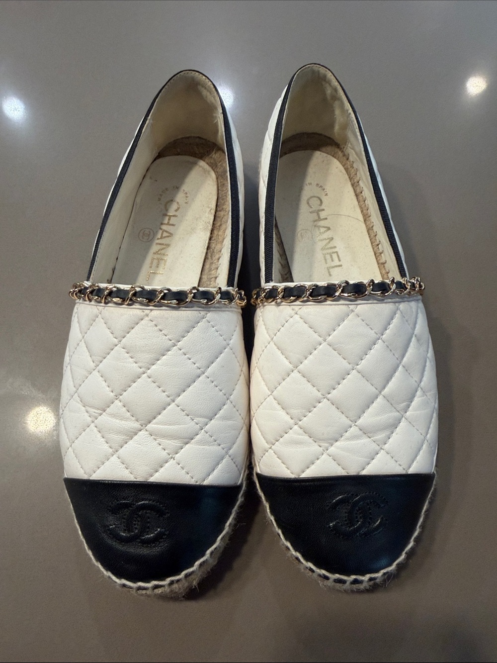 CHANEL White and Black Quilted Espadrille Flats with Chain Accent